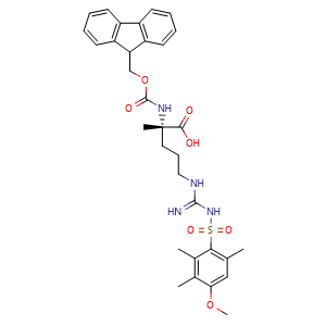 Chemical structure of (2S)-2-(9H-fluoren-9-ylmethoxycarbonylamino)-5-[[N-(4-methoxy-2,3,6-trimethyl-phenyl)sulfonylcarbamimidoyl]amino]-2-methyl-pentanoic acid , CAS 1542275-16-0, AChemBlock AD277321