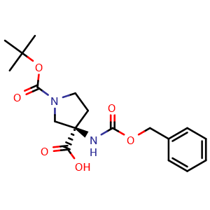 Chemical structure of (3R)-3-(benzyloxycarbonylamino)-1-tert-butoxycarbonyl-pyrrolidine-3-carboxylic acid , CAS 2201584-05-4, AChemBlock AD277324
