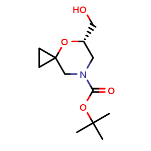 Chemical structure of tert-Butyl (5S)-5-(hydroxymethyl)-4-oxa-7-azaspiro[2.5]octane-7-carboxylate , CAS 2763753-46-2, AChemBlock AD277325