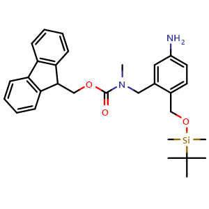 Chemical structure of 9H-fluoren-9-ylmethyl N-[[5-amino-2-[[tert-butyl(dimethyl)silyl]oxymethyl]phenyl]methyl]-N-methyl-carbamate , CAS 2857963-62-1, AChemBlock AD277332
