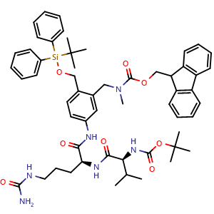 Chemical structure of 9H-fluoren-9-ylmethyl N-[[5-[[(2S)-2-[[(2S)-2-(tert-butoxycarbonylamino)-3-methyl-butanoyl]amino]-5-ureido-pentanoyl]amino]-2-[[tert-butyl(diphenyl)silyl]oxymethyl]phenyl]methyl]-N-methyl-carbamate , CAS 2563870-50-6, AChemBlock AD277339