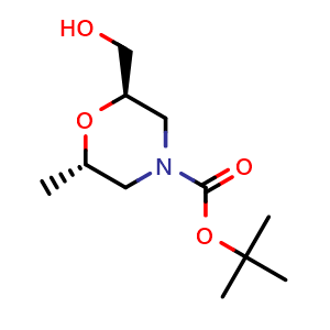 Chemical structure of tert-Butyl (2R,6S)-2-(hydroxymethyl)-6-methyl-morpholine-4-carboxylate , CAS 2415095-21-3, AChemBlock AD277346