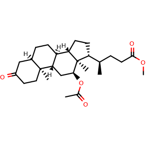 Chemical structure of methyl (4R)-4-[(5R,8R,9S,10S,12S,13R,14S,17R)-12-acetoxy-10,13-dimethyl-3-oxo-1,2,4,5,6,7,8,9,11,12,14,15,16,17-tetradecahydrocyclopenta[a]phenanthren-17-yl]pentanoate , CAS 7753-75-5, AChemBlock AD277348