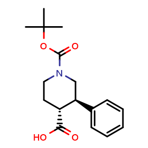 Chemical structure of (3R,4R)-1-tert-Butoxycarbonyl-3-phenyl-piperidine-4-carboxylic acid , CAS 1160262-03-2, AChemBlock AD277358