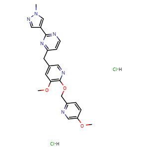 Chemical structure of 4-[[5-methoxy-6-[(5-methoxy-2-pyridyl)methoxy]-3-pyridyl]methyl]-2-(1-methylpyrazol-4-yl)pyrimidine dihydrochloride , CAS 2738328-57-7, AChemBlock AD277367