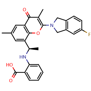 Chemical structure of 2-[[(1R)-1-[2-(5-fluoroisoindolin-2-yl)-3,6-dimethyl-4-oxo-chromen-8-yl]ethyl]amino]benzoic acid , CAS 2715282-54-3, AChemBlock AD277368