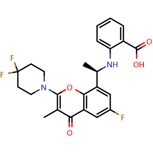 Chemical structure of 2-[[(1R)-1-[2-(4,4-difluoro-1-piperidyl)-6-fluoro-3-methyl-4-oxo-chromen-8-yl]ethyl]amino]benzoic acid , CAS 2715283-11-5, AChemBlock AD277369