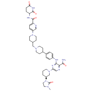 Chemical structure of 3-[4-[1-[[1-[6-[(2,6-dioxo-3-piperidyl)carbamoyl]-3-pyridyl]-4-piperidyl]methyl]-4-piperidyl]anilino]-5-[(3S)-3-(3-methyl-2-oxo-imidazolidin-1-yl)-1-piperidyl]pyrazine-2-carboxamide , CAS 2416131-29-6, AChemBlock AD277370