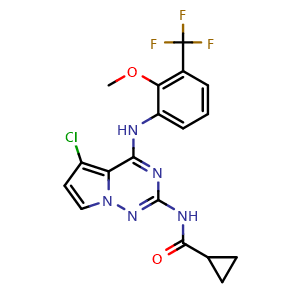 Chemical structure of N-[5-chloro-4-[2-methoxy-3-(trifluoromethyl)anilino]pyrrolo[2,1-f][1,2,4]triazin-2-yl]cyclopropanecarboxamide , CAS 2755396-65-5, AChemBlock AD277372