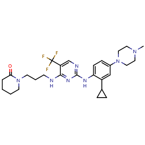 Chemical structure of 1-[3-[[2-[2-cyclopropyl-4-(4-methylpiperazin-1-yl)anilino]-5-(trifluoromethyl)pyrimidin-4-yl]amino]propyl]piperidin-2-one , CAS 2543670-87-5, AChemBlock AD277377