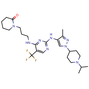 Chemical structure of 1-[3-[[2-[[1-(1-isopropyl-4-piperidyl)-3-methyl-pyrazol-4-yl]amino]-5-(trifluoromethyl)pyrimidin-4-yl]amino]propyl]piperidin-2-one , CAS 2542339-62-6, AChemBlock AD277378