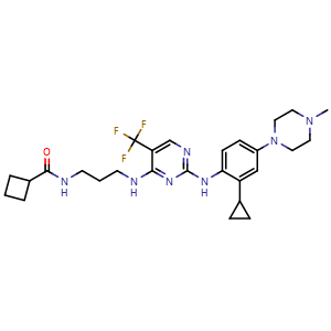 Chemical structure of N-[3-[[2-[2-cyclopropyl-4-(4-methylpiperazin-1-yl)anilino]-5-(trifluoromethyl)pyrimidin-4-yl]amino]propyl]cyclobutanecarboxamide , CAS 2568521-76-4, AChemBlock AD277379