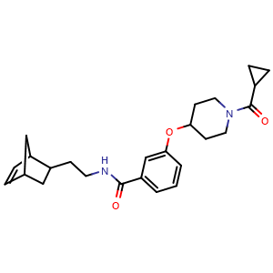 Chemical structure of N-[2-(2-Bicyclo[2.2.1]hept-5-enyl)ethyl]-3-[[1-(cyclopropanecarbonyl)-4-piperidyl]oxy]benzamide , CAS 2271290-08-3, AChemBlock AD277382