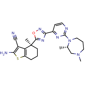Chemical structure of (4S)-2-amino-4-[3-[2-[(2S)-2,4-dimethyl-1,4-diazepan-1-yl]pyrimidin-4-yl]-1,2,4-oxadiazol-5-yl]-4-methyl-6,7-dihydro-5H-benzothiophene-3-carbonitrile , CAS 2937327-89-2, AChemBlock AD277388