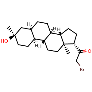 Chemical structure of 2-bromo-1-[(3R,5R,8R,9R,10S,13S,14S,17S)-3-hydroxy-3,13-dimethyl-2,4,5,6,7,8,9,10,11,12,14,15,16,17-tetradecahydro-1H-cyclopenta[a]phenanthren-17-yl]ethanone , CAS 1430063-93-6, AChemBlock AD277391