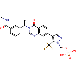 Chemical structure of [4-[3-[(1R)-1-[3-(methylcarbamoyl)phenyl]ethyl]-4-oxo-quinazolin-7-yl]-5-(trifluoromethyl)pyrazol-1-yl]methyl dihydrogen phosphate , CAS 2800892-76-4, AChemBlock AD277392