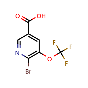 Chemical structure of 6-bromo-5-(trifluoromethoxy)pyridine-3-carboxylic acid , CAS 1361693-27-7, AChemBlock AD277407
