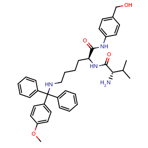 Chemical structure of (2S)-2-[[(2S)-2-amino-3-methyl-butanoyl]amino]-N-[4-(hydroxymethyl)phenyl]-6-[[(4-methoxyphenyl)-diphenyl-methyl]amino]hexanamide , CAS 207612-95-1, AChemBlock AD277415
