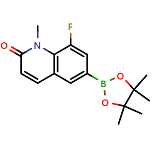 Chemical structure of 8-fluoro-1-methyl-6-(4,4,5,5-tetramethyl-1,3,2-dioxaborolan-2-yl)quinolin-2-one , CAS 3063824-37-0, AChemBlock AD277418