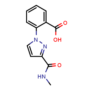 Chemical structure of 2-[3-(methylcarbamoyl)pyrazol-1-yl]benzoic acid , CAS 1490574-64-5, AChemBlock AD277447