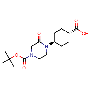 Chemical structure of trans-4-(4-tert-butoxycarbonyl-2-oxo-piperazin-1-yl)cyclohexanecarboxylic acid , CAS 727736-95-0, AChemBlock AD277453