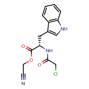 Chemical structure of Cyanomethyl (2S)-2-[(2-chloroacetyl)amino]-3-(1H-indol-3-yl)propanoate , CAS 1065569-98-3, AChemBlock AD277464