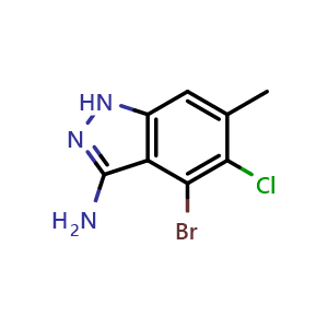 Chemical structure of 4-bromo-5-chloro-6-methyl-1H-indazol-3-amine , CAS 2653202-63-0, AChemBlock AD277486