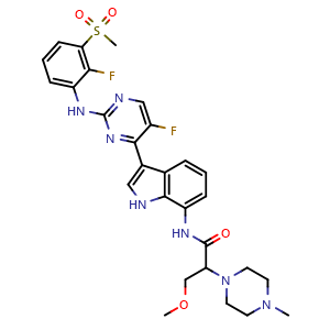 Chemical structure of N-[3-[5-fluoro-2-(2-fluoro-3-methylsulfonyl-anilino)pyrimidin-4-yl]-1H-indol-7-yl]-3-methoxy-2-(4-methylpiperazin-1-yl)propanamide , CAS 2412943-81-6, AChemBlock AD277491