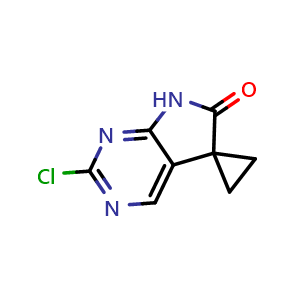 Chemical structure of 2'-Chloro-6',7'-dihydrospiro[cyclopropane-1,5'-pyrrolo[2,3-d]pyrimidine]-6'-one , CAS 1651891-59-6, AChemBlock AD277495