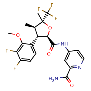 Chemical structure of 4-[[rel-(2R,3S,4R,5R)-3-(3,4-difluoro-2-methoxy-phenyl)-4,5-dimethyl-5-(trifluoromethyl)tetrahydrofuran-2-carbonyl]amino]pyridine-2-carboxamide , CAS 2649467-30-9, AChemBlock AD277499