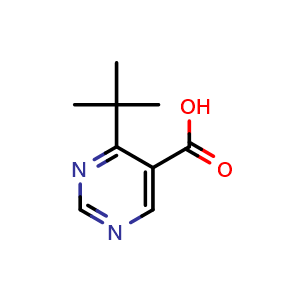 Chemical structure of 4-(tert-butyl)pyrimidine-5-carboxylic acid , CAS 1191094-10-6, AChemBlock AD277507