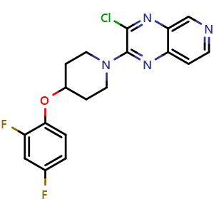 Chemical structure of 3-Chloro-2-(4-(2,4-difluorophenoxy)piperidin-1-yl)pyrido[3,4-b]pyrazine , CAS 1558737-56-6, AChemBlock AD277515
