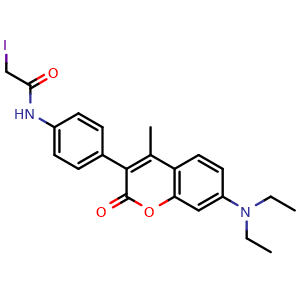 Chemical structure of 7-Diethylamino-3-((4'-(iodoacetyl)amino)phenyl)-4-methylcoumarin , CAS 76877-34-4, AChemBlock AD277523