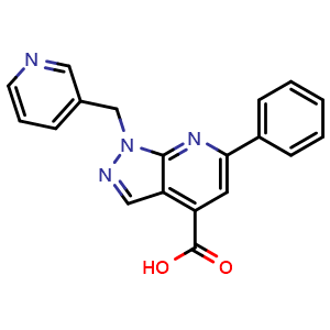 Chemical structure of 6-Phenyl-1-(pyridin-3-ylmethyl)-1h-pyrazolo[3,4-b]pyridine-4-carboxylic acid , CAS 920627-44-7, AChemBlock AD277543