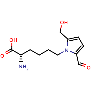 Chemical structure of (S)-2-amino-6-(2-formyl-5-(hydroxymethyl)-1H-pyrrol-1-yl)hexanoic acid , CAS 74509-14-1, AChemBlock AD277563