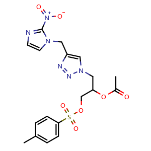 Chemical structure of 1-(4-((2-Nitro-1H-imidazol-1-yl)methyl)-1H-1,2,3-triazol-1-yl)-3-(tosyloxy)propan-2-yl acetate , CAS 1070878-72-6, AChemBlock AD277592