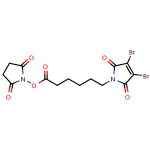 Chemical structure of 2,5-Dioxopyrrolidin-1-yl 6-(3,4-dibromo-2,5-dioxo-2,5-dihydro-1H-pyrrol-1-yl)hexanoate , CAS 2389064-41-7, AChemBlock AD277604