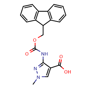 Chemical structure of 3-((((9H-Fluoren-9-yl)methoxy)carbonyl)amino)-1-methyl-1H-pyrazole-4-carboxylic acid , CAS 2243509-43-3, AChemBlock AD277605
