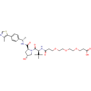 Chemical structure of (S)-15-((2S,4R)-4-Hydroxy-2-(((S)-1-(4-(4-methylthiazol-5-yl)phenyl)ethyl)carbamoyl)pyrrolidine-1-carbonyl)-16,16-dimethyl-13-oxo-4,7,10-trioxa-14-azaheptadecanoic acid , CAS 2468040-55-1, AChemBlock AD277615