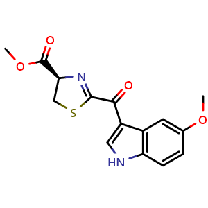 Chemical structure of Methyl (R)-2-(5-methoxy-1H-indole-3-carbonyl)-4,5-dihydrothiazole-4-carboxylate , CAS 2231345-16-5, AChemBlock AD277629