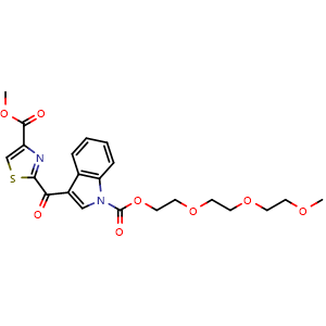 Chemical structure of Methyl 2-(1-(2,5,8,11-tetraoxadodecanoyl)-1H-indole-3-carbonyl)thiazole-4-carboxylate , CAS 2231344-22-0, AChemBlock AD277635