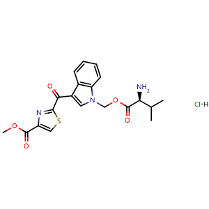 Chemical structure of Methyl 2-(1-(((l-valyl)oxy)methyl)-1H-indole-3-carbonyl)thiazole-4-carboxylate hydrochloride , CAS 2231344-16-2, AChemBlock AD277659