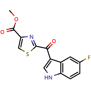 Chemical structure of Methyl 2-(5-fluoro-1H-indole-3-carbonyl)thiazole-4-carboxylate , CAS 2231344-36-6, AChemBlock AD277662