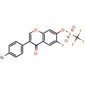 Chemical structure of 3-(4-Bromophenyl)-6-fluoro-4-oxo-4H-chromen-7-yl trifluoromethanesulfonate , CAS 1621873-91-3, AChemBlock AD277681