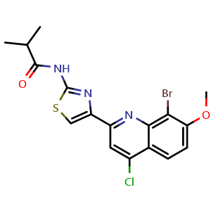 Chemical structure of N-(4-(8-Bromo-4-chloro-7-methoxyquinolin-2-yl)thiazol-2-yl)isobutyramide , CAS 1219105-47-1, AChemBlock AD277711