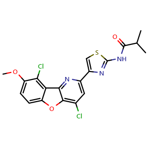 Chemical structure of N-(4-(4,9-Dichloro-8-methoxybenzofuro[3,2-b]pyridin-2-yl)thiazol-2-yl)isobutyramide , CAS 1421604-41-2, AChemBlock AD277726