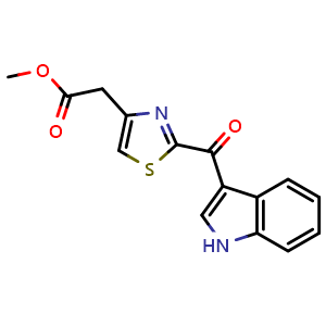 Chemical structure of Methyl 2-(2-(1H-indole-3-carbonyl)thiazol-4-yl)acetate , CAS 2231345-07-4, AChemBlock AD277730