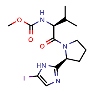 Chemical structure of Methyl ((S)-1-((S)-2-(5-iodo-1H-imidazol-2-yl)pyrrolidin-1-yl)-3-methyl-1-oxobutan-2-yl)carbamate , CAS 1303533-83-6, AChemBlock AD277734