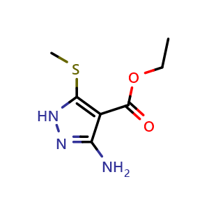 Chemical structure of Ethyl 3-amino-5-(methylthio)-1H-pyrazole-4-carboxylate , CAS 59541-46-7, AChemBlock AD277751