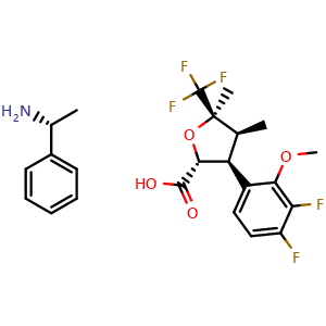 Chemical structure of (2R,3S,4S,5R)-3-(3,4-difluoro-2-methoxyphenyl)-4,5-dimethyl-5-(trifluoromethyl)tetrahydrofuran-2-carboxylic acid (R)-1-phenylethan-1-amine salt , CAS 2649470-89-1, AChemBlock AD277763